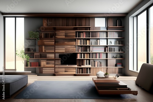 Wooden bookcase in interior of modern living room,home - generative ai