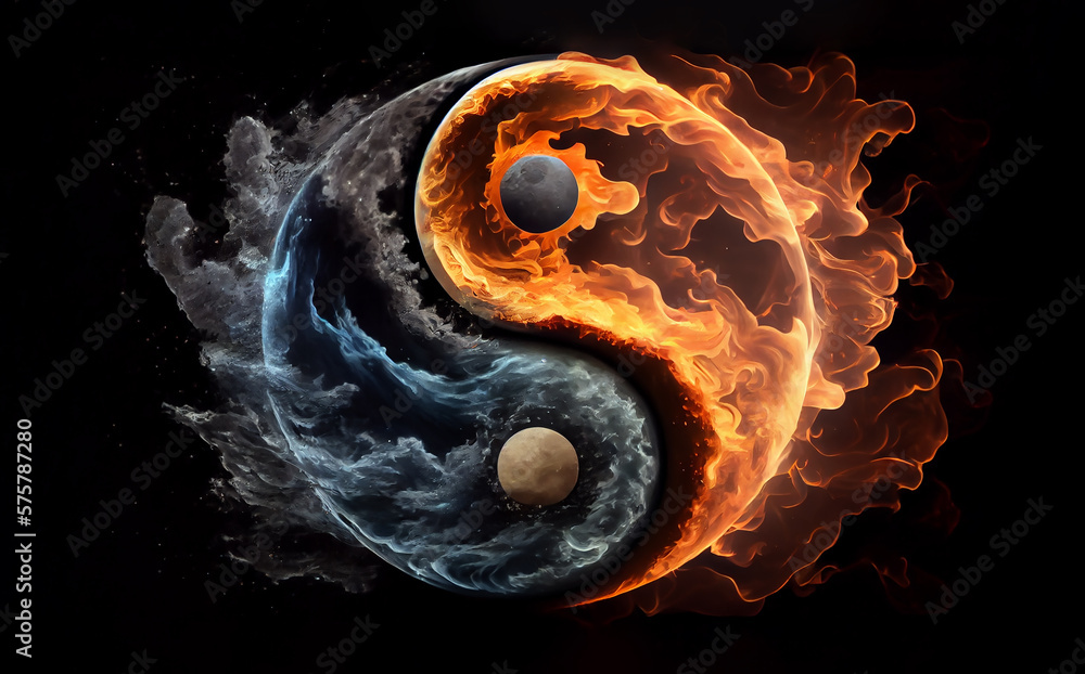 Symbol of yin and yang of the dark background in the form of fire and ...