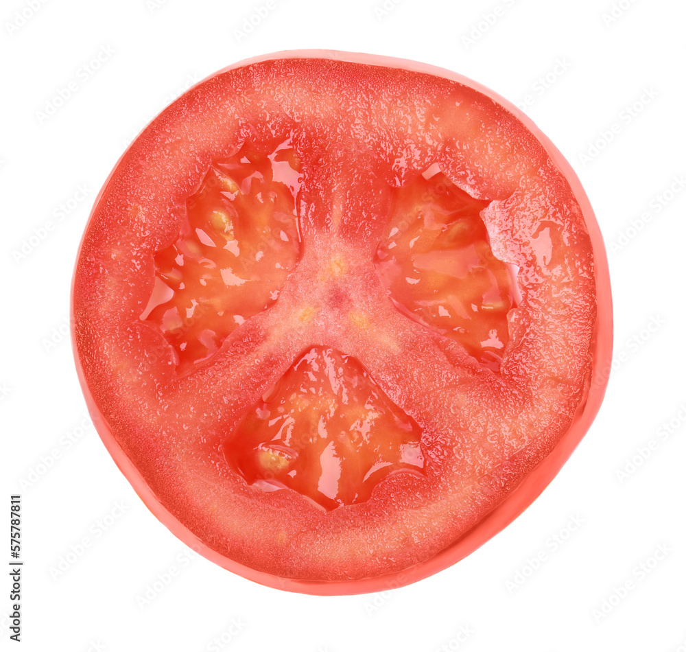 Slice of tomato for burger isolated on white, top view Slice of tomato for burger isolated on white, top view