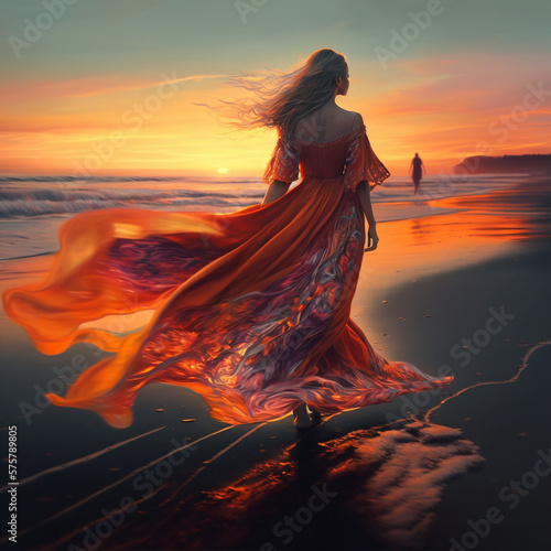 Woman in Orange Dress on Beach - Made with Generative AI