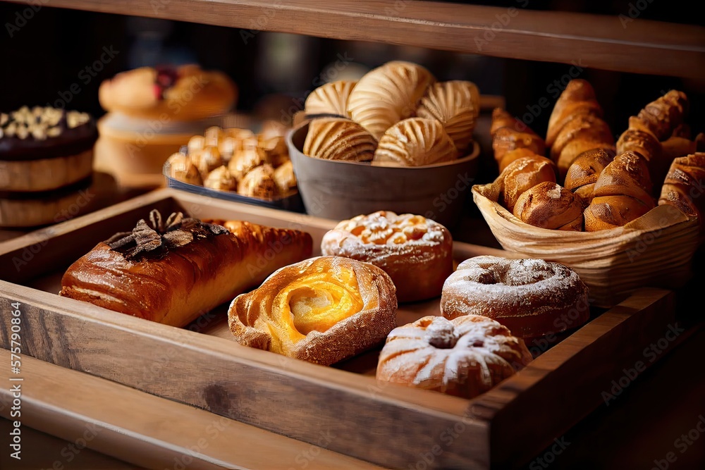  bakery interior with display counters full of scrumptious bread and pastries. Shop a patisserie or bakery with croissants, apple pies, waffles, and churros. Freshly baked pastries. Generative Ai - obrazy, fototapety, plakaty 