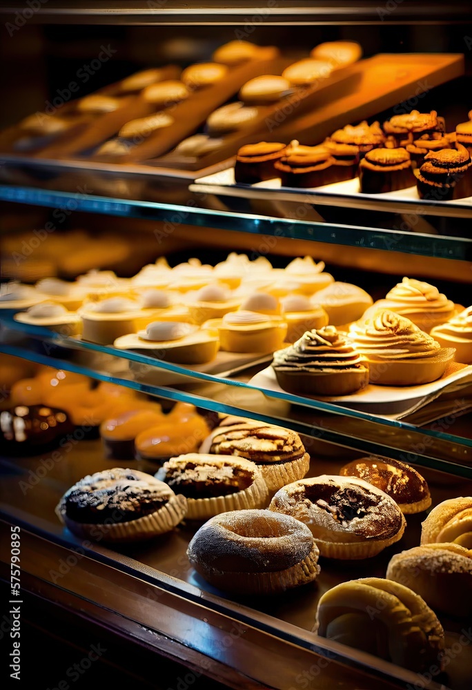 bakery interior with display counters full of scrumptious bread and pastries. Shop a patisserie