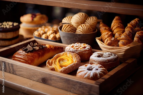  bakery interior with display counters full of scrumptious bread and pastries. Shop a patisserie or bakery with croissants, apple pies, waffles, and churros. Freshly baked pastries. Generative Ai photo