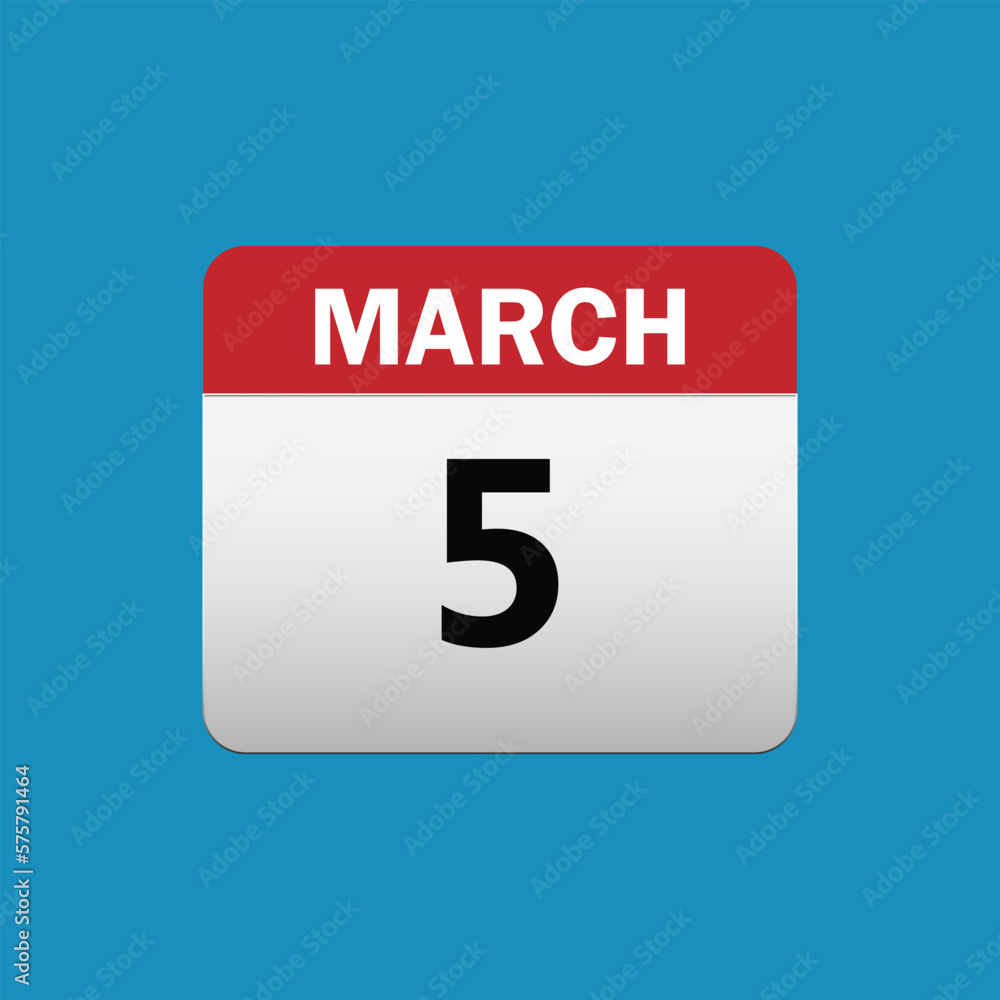 5th March calendar icon. March 5 calendar Date Month icon vector illustrator 5th March calendar icon. March 5 calendar Date Month icon vector illustrator