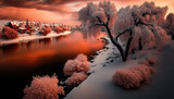 Snowy Glacial Landscape with Red Willow Trees and Dusk Sunset River Village - a picturesque wallpaper background featuring a beautiful winter landscape and a dusk sunset river village