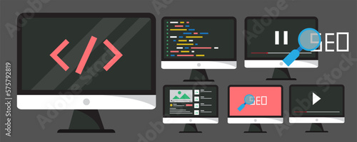 Concept of computer programming or developing software or game. Vector illustration with coding symbols and programming windows