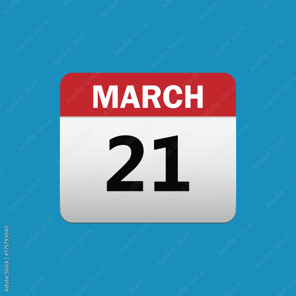 21th March calendar icon. March 21 calendar Date Month icon vector illustrator 21th March calendar icon. March 21 calendar Date Month icon vector illustrator
