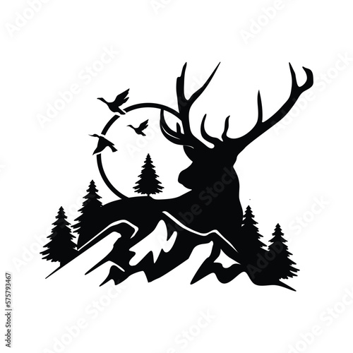 Deer mountain logo silhouette. Deer hunting logo. Hunting season, hunting shirt design