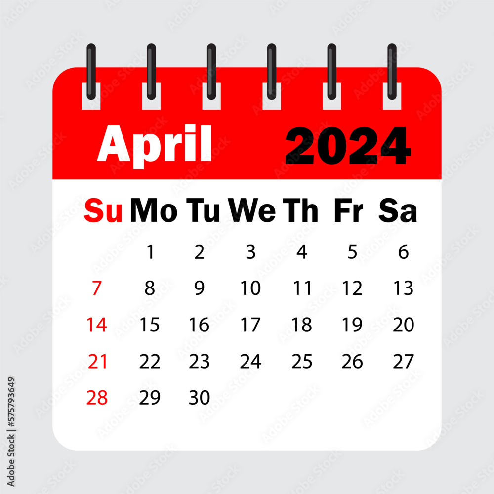 red calendar leaf spring. April 2024 calendar. Calendar sheet with days