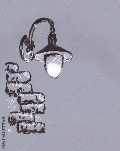 lantern on a brick wall, graphic drawing on a gray background