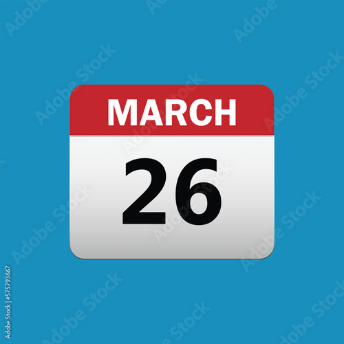 26th March calendar icon. March 26 calendar Date Month icon vector illustrator