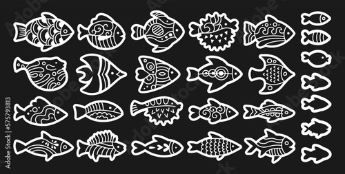 Fish with abstract tropical ornaments doodle set. Linear modern trendy exotic aquarium animal, nautical stylized cartoon illustration. Various contour ornamental freshwater, sea fishes vector element