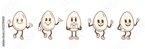 Retro cartoon smiling egg mascot character walking jumping and standing. Retro Easter Egg with halftone pattern with different face emotions. Vector illustration for t-shirt print or poster design. 