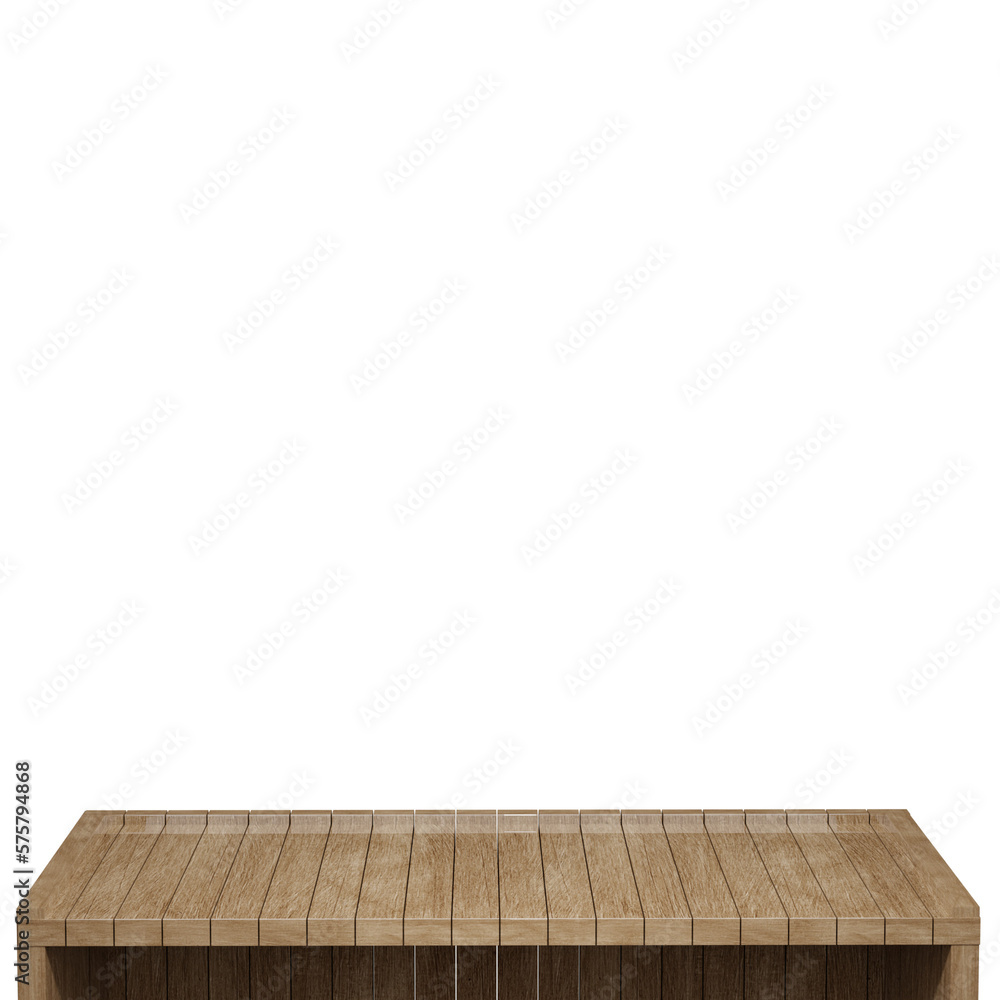 Wooden table, wood table top front view 3d render isolated