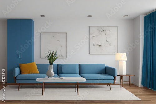 Spring Styled Living Room with Blue Sofa and Wall Art Made with Generative AI