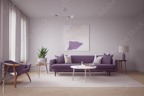 Lilac Spring Living Room Interior with Modern Purple Sofas Made with Generative