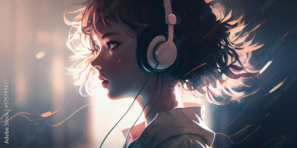 ภาพประกอบสต็อก Beautiful Anime Girl Listening To Lofi Hip Hop Music With Headphones Generative 2970