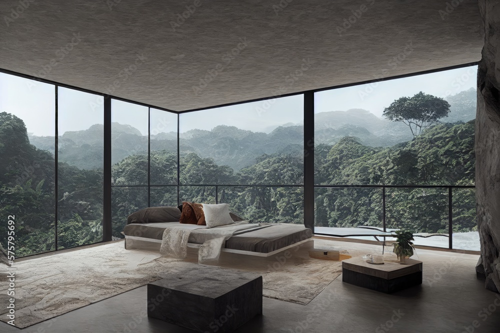Interior of Modern Bedroom with Mountain Jungle Landscape in Spring Made with Generative AI