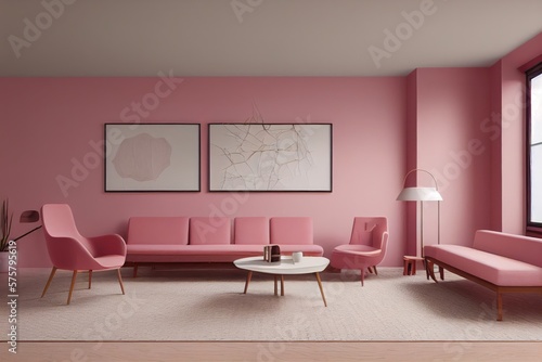 Bubblegum Pink Living Room Interior with Accent Chair Made with Generative AI