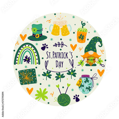 St. Patrick's Day set of vector icons. Holiday symbols - a gnome with a festive garland, shamrock, rainbow, beer, gift, jar of luck, clover leaf, leprechaun hat. Flat cartoon clipart isolated on white