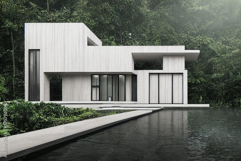 Fototapeta premium Modern Home Luxury Lifestyle in The Forest with Swimming Pool Made with Generative AI