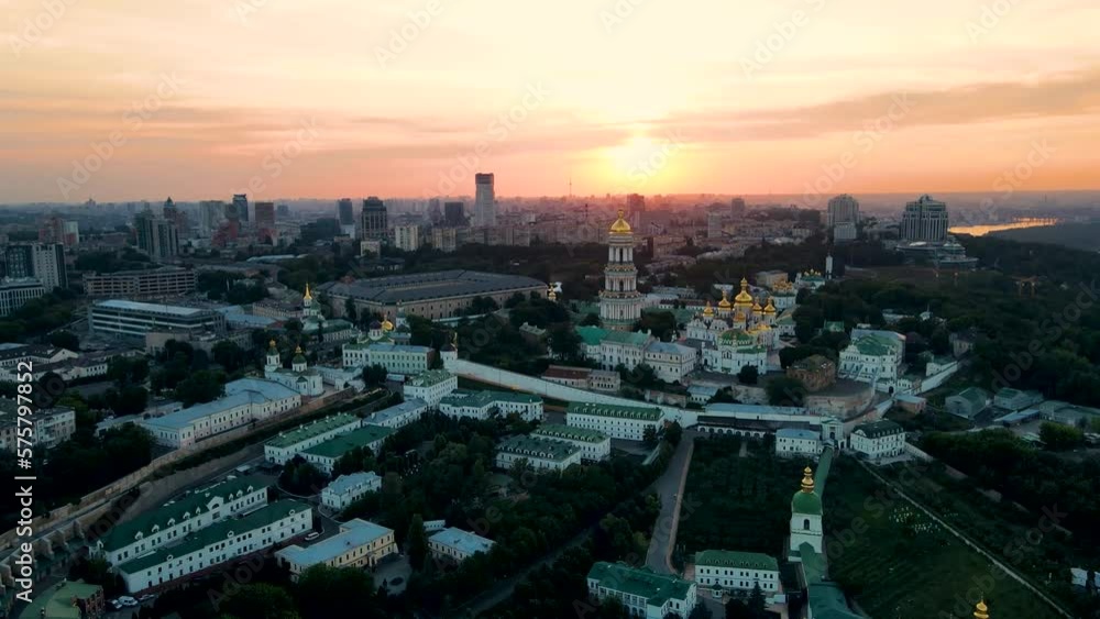 Kyiv capital Ukraine city top view in flight at height panorama of high-rise buildings city center summer Kyiv capital Ukraine city top view in flight at height panorama of high-rise buildings city center summer