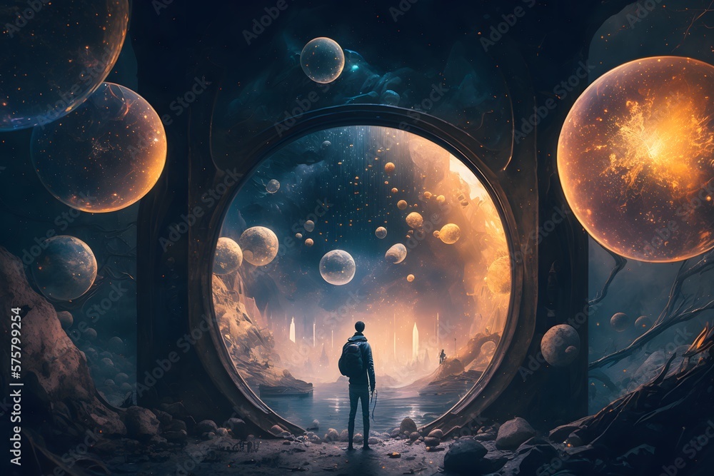 man standing on planet created using AI Generative Technology man standing on planet created using AI Generative Technology