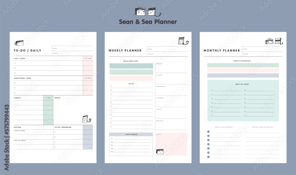 3 set of daily, week, monthly planner. Cute style with Sean and Sea partners. Plan your day make dream happen. 3 set of daily, week, monthly planner. Cute style with Sean and Sea partners. Plan your day make dream happen.