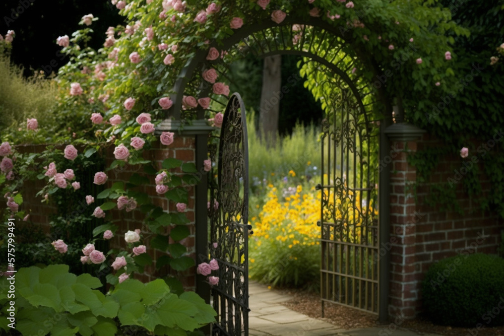 A garden trellis with a climbing rose in full bloom created with ...