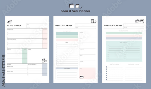 3 set of daily, week, monthly planner. Cute style with Sean and Sea partners. Plan your day make dream happen.