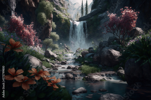 A cascading waterfall flowing through spring flowers created with Generative AI technology © Neural Showroom