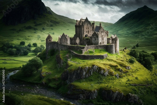 A castle surrounded by rolling green hills created with Generative AI technology