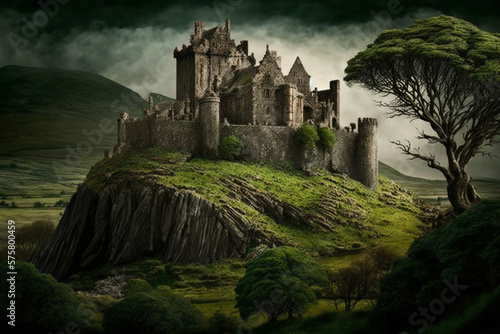 A castle surrounded by rolling green hills created with Generative AI technology