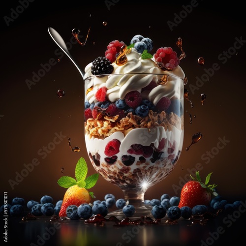 Fruit yogurt, creamy, healthy, berries, mango, peach, strawberry, blueberry, raspberry, GENERATIVE AI