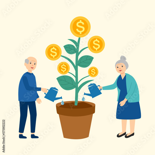 Elderly couple watering money plant in flat design. Retirement plan concept vector illustration.