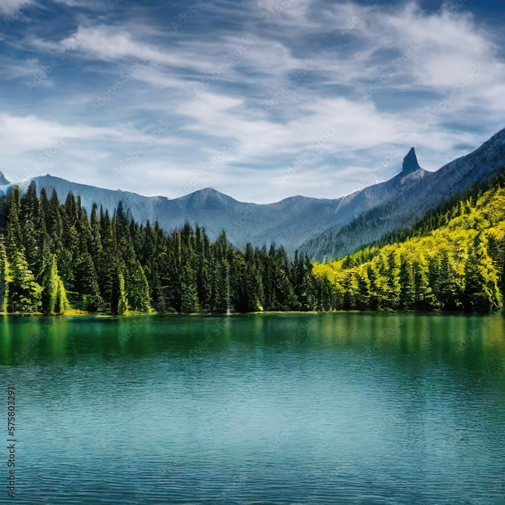 Background lake in the mountains, colorful abstract illustration, hyper realistic, naturalism, widescreen shot, high dynamic color, created with generative AI technology.