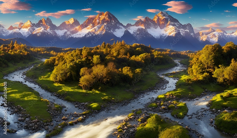 Fantastic landscape with a meandering river and mountains in the background, AI Generated