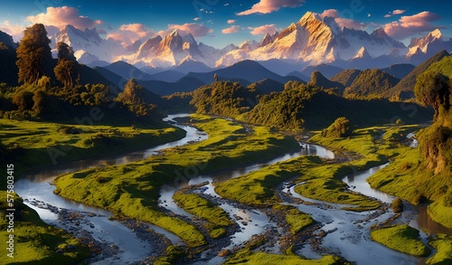 Fantastic landscape with a meandering river and mountains in the background, AI Generated