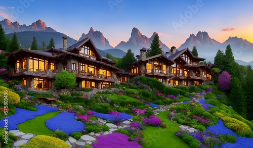 Fantastic landscape with resort on top of the mountain, with green vegetation Generated by AI