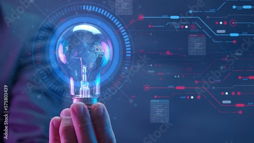 Businessman hand shows rotating planet earth inside light bulb with innovation technology background. Concept of big data analytics, business intelligence, global business and digital link technology.