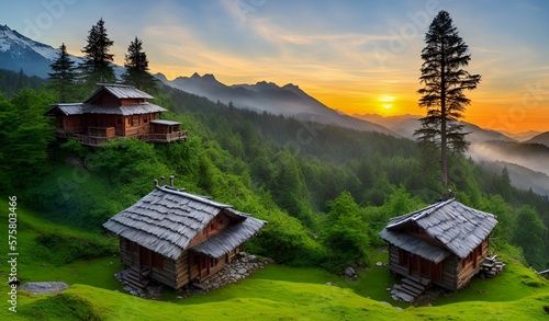 Fantastic landscape with huts on top of the mountain, with green vegetation Generated by AI photo