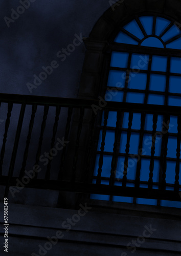 古い洋館の暗く青い窓とベランダのイラスト