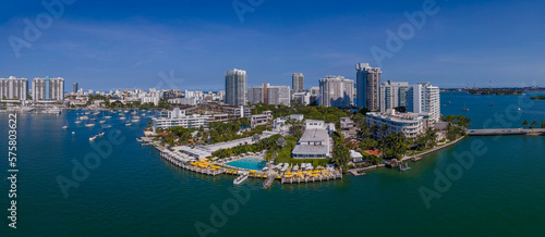 Modern buildings at the intracoastal area in Miami Beach, Florida. Aerial panoramic view of hotels and residential buildings in the middle of water against the blue sky background.