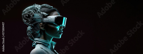 Fotografiet Attractive Beautiful Woman Wearing VR Glasses Futuristic Style on Black Backgrou