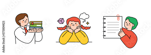 Illustration to education. Students are stacking books in their hands, creative imagination and taking notes in notebooks.