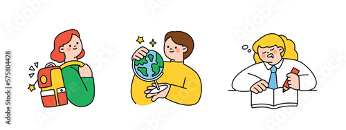 Illustration to education. Students are carrying backpacks, holding globes, and taking notes while dozing off.