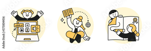 Education concept illustration. Cute students taking an online class or writing on a large sheet of paper.