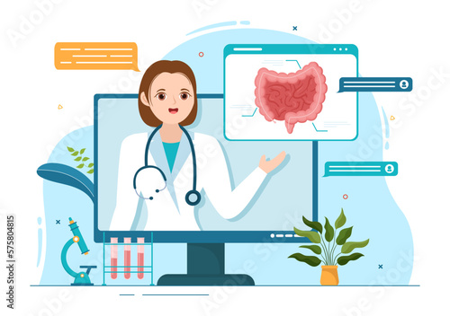Proctologist or Colonoscopy Illustration with a Doctor Examines of the Colon and Harmful Bacteria in Cartoon Hand Drawn for Landing Page Templates