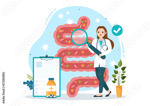 Proctologist or Colonoscopy Illustration with a Doctor Examines of the Colon and Harmful Bacteria in Cartoon Hand Drawn for Landing Page Templates