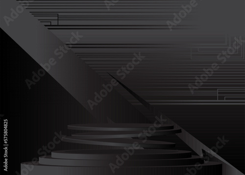 Black Sci-fi Mockup product display. Futuristic Gray vector 3D room, minimal cylinder pedestal podium. Stage showcase for presentation. Geometric forms, empty scene.